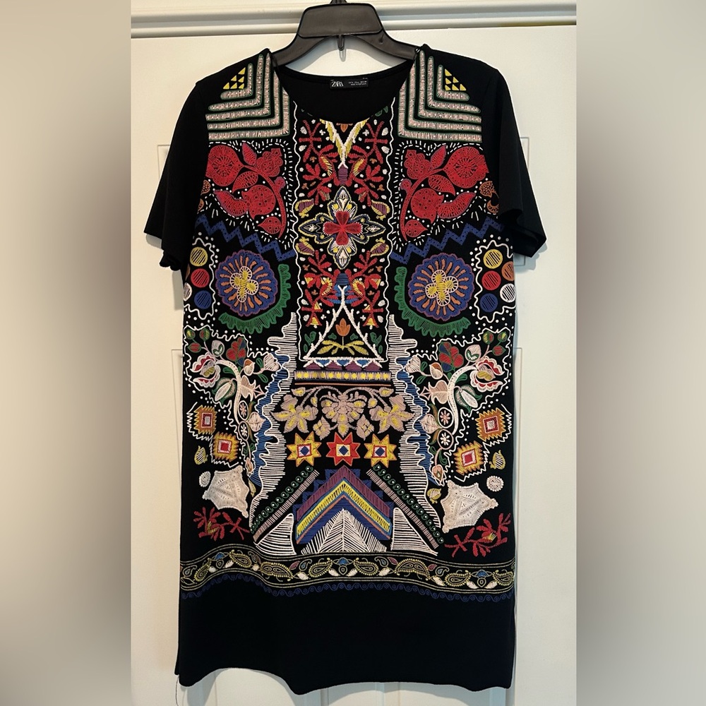 Zara Tribal Floral T shirt dress Colorful with Raised print Sz L - Picture 2 of 8